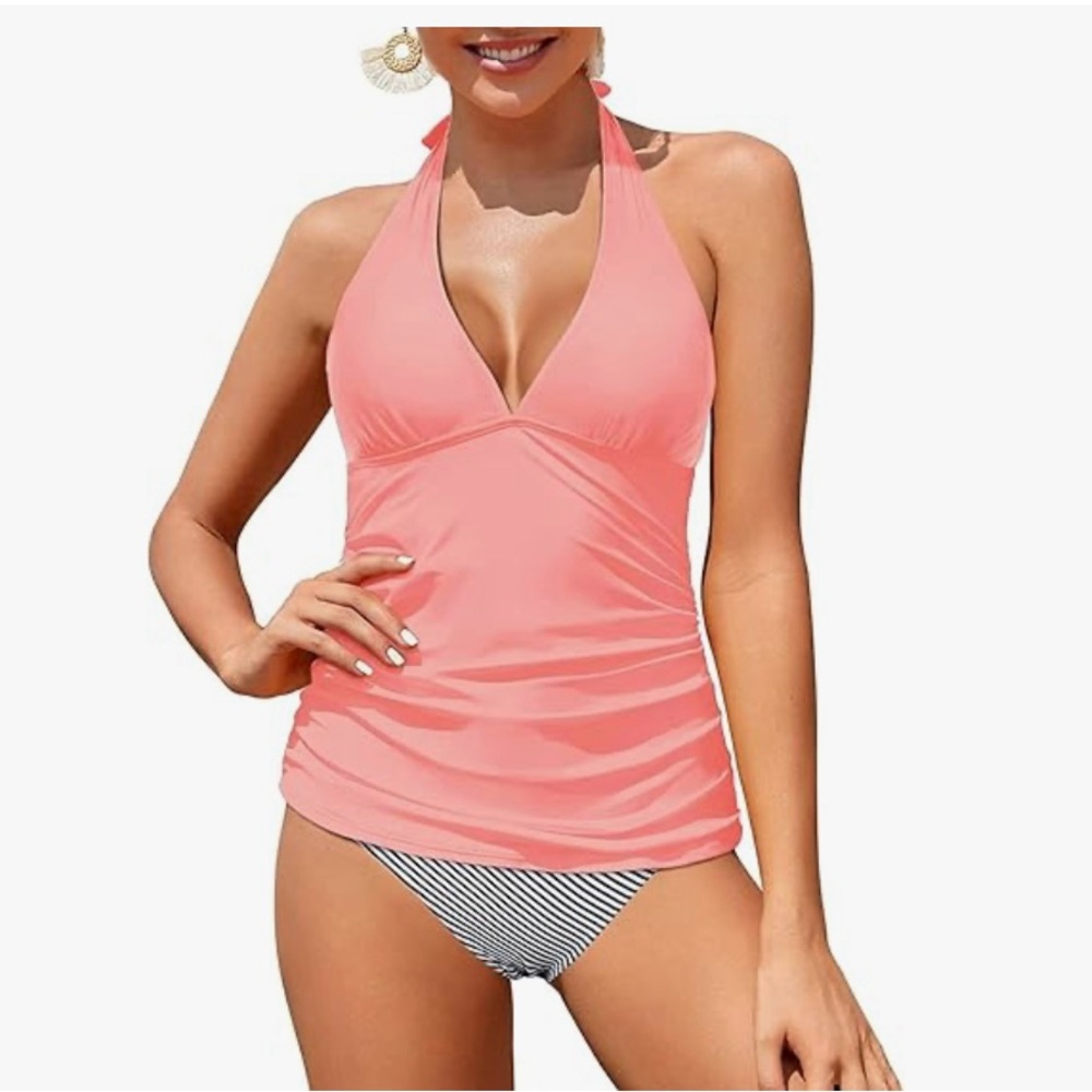 Vibrant Coral Tankini Top with Halter Style and V-Neck